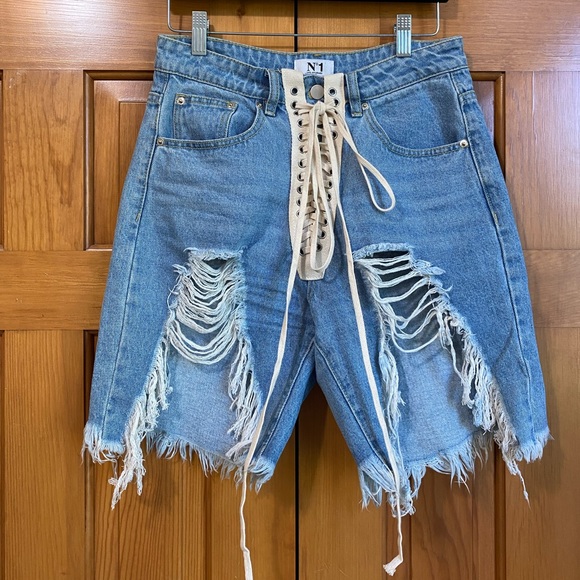 High Waist Lace Up Distressed Jean Shorts - Picture 2 of 7